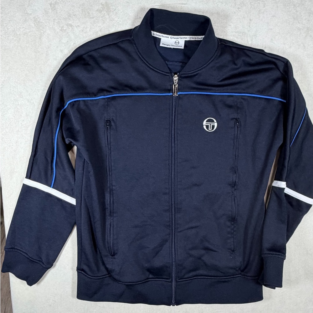 Sergio Tacchini Size Large Dark Blue Jacket with White and Light Blue Details